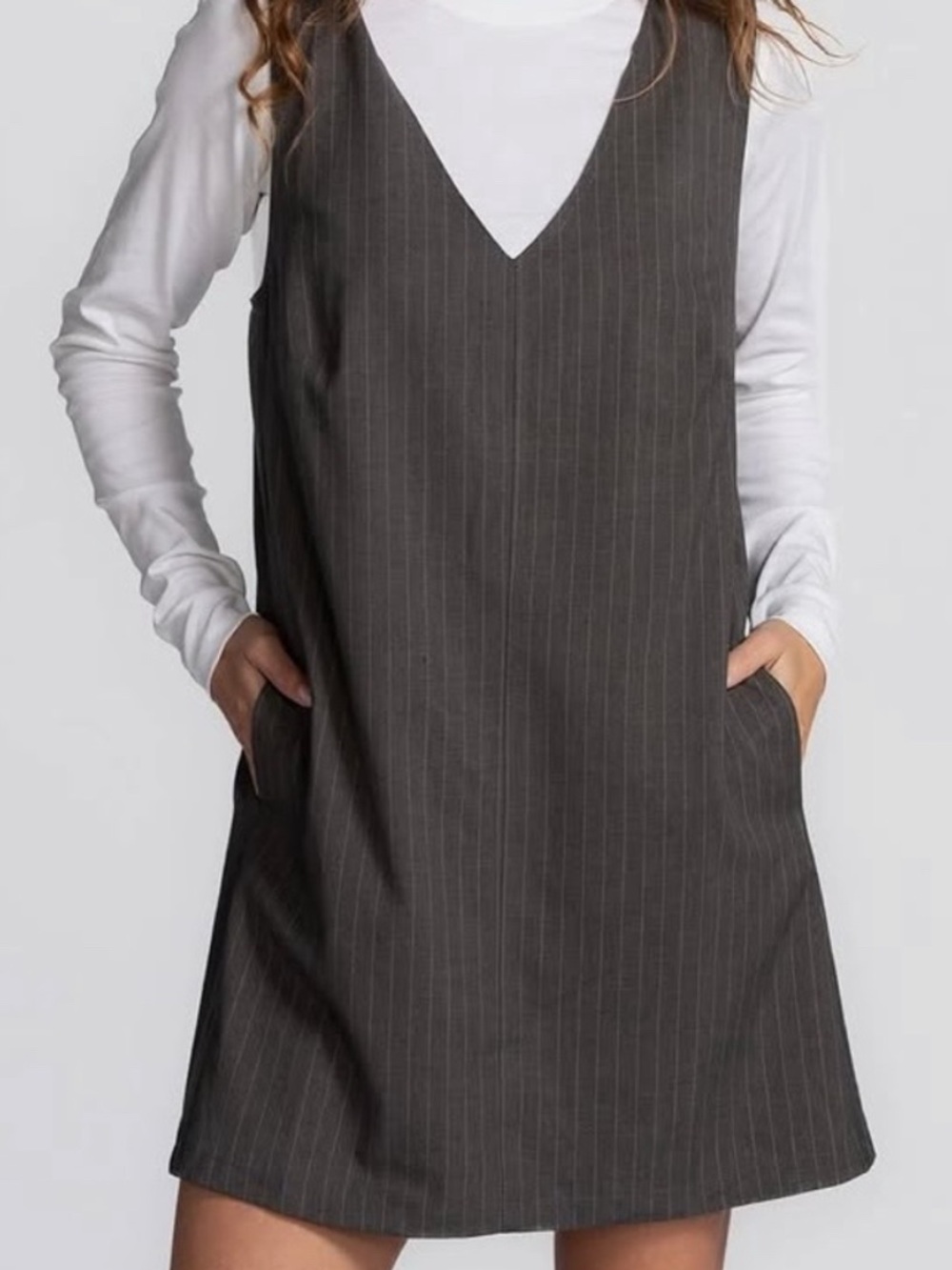Frank & Oak Gray Pinstripe V-Neck Shift Dress